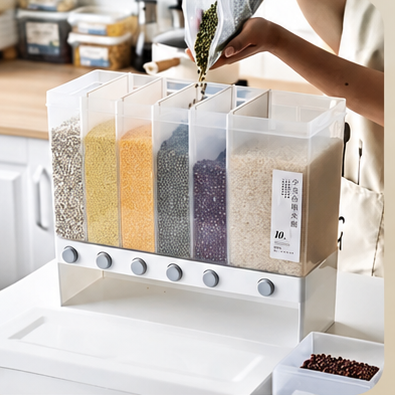 6-Grid Airtight Food & Grain Dispenser | 10L Large Capacity | Kitchen Storage Organizer with One-Press Dispensing | For Rice, Pulses, Cereals, Dry Fruits